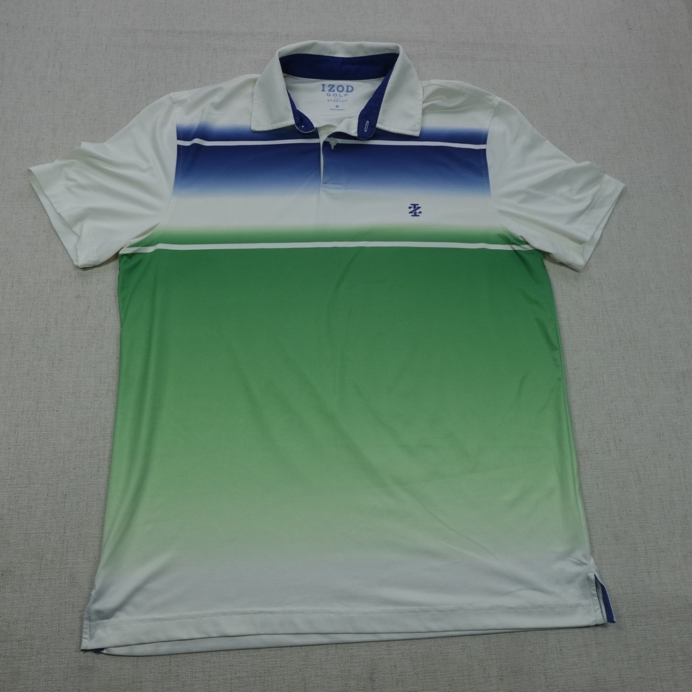 IZOD Golf Polo Shirt Mens Medium Blue Green White Stretch Gradient Performance
